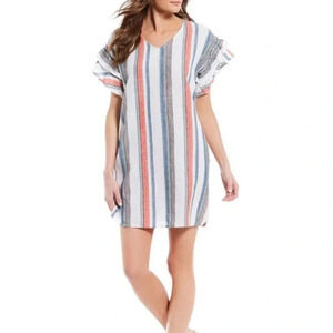 Chelsea & Theodore Short Double Ruffle Sleeve V-Neck Striped Linen Dress